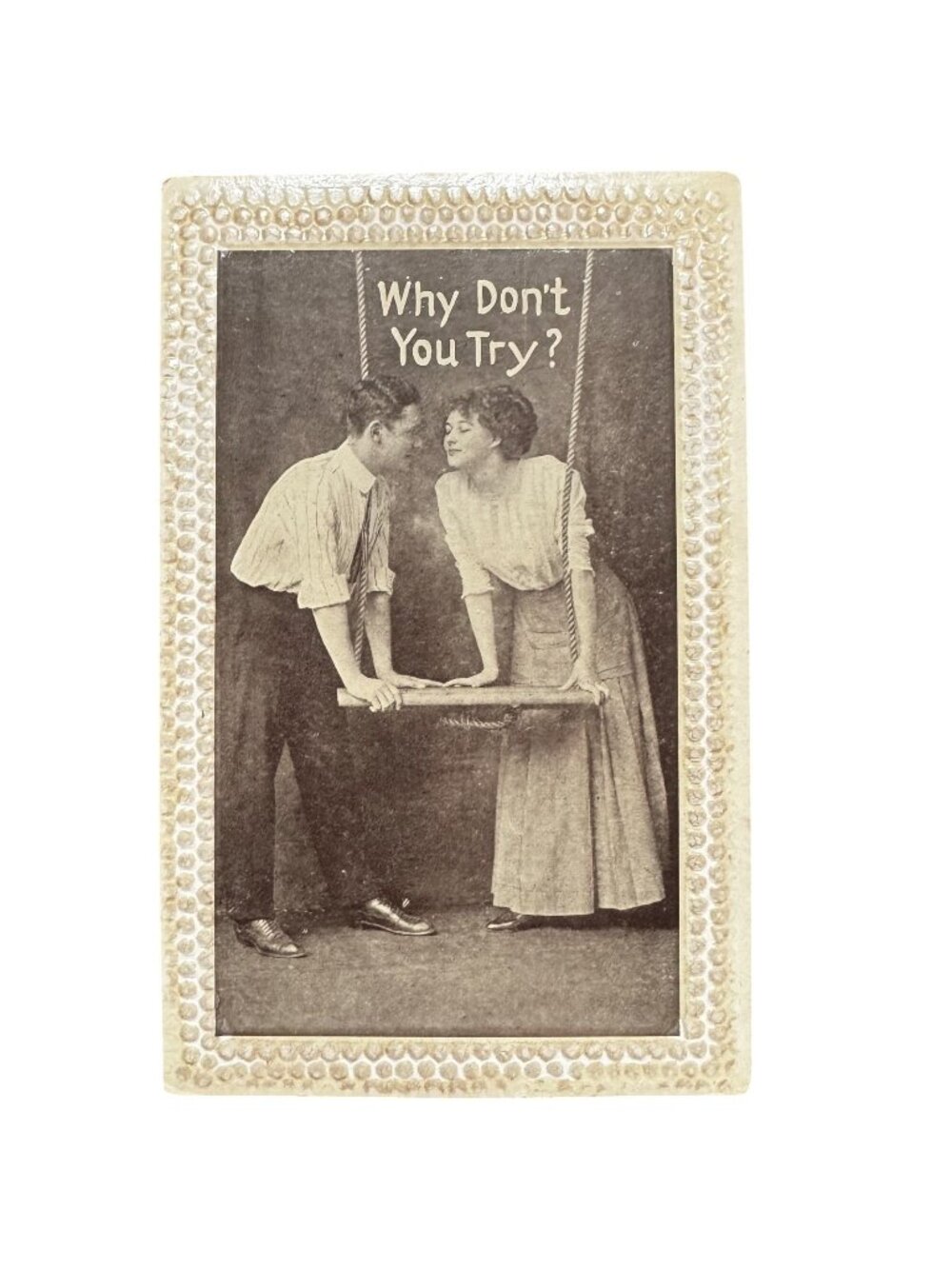 Antique Embossed Postcard Vtg Romantic Swing Scene & "Why Don’t You Try?" Text